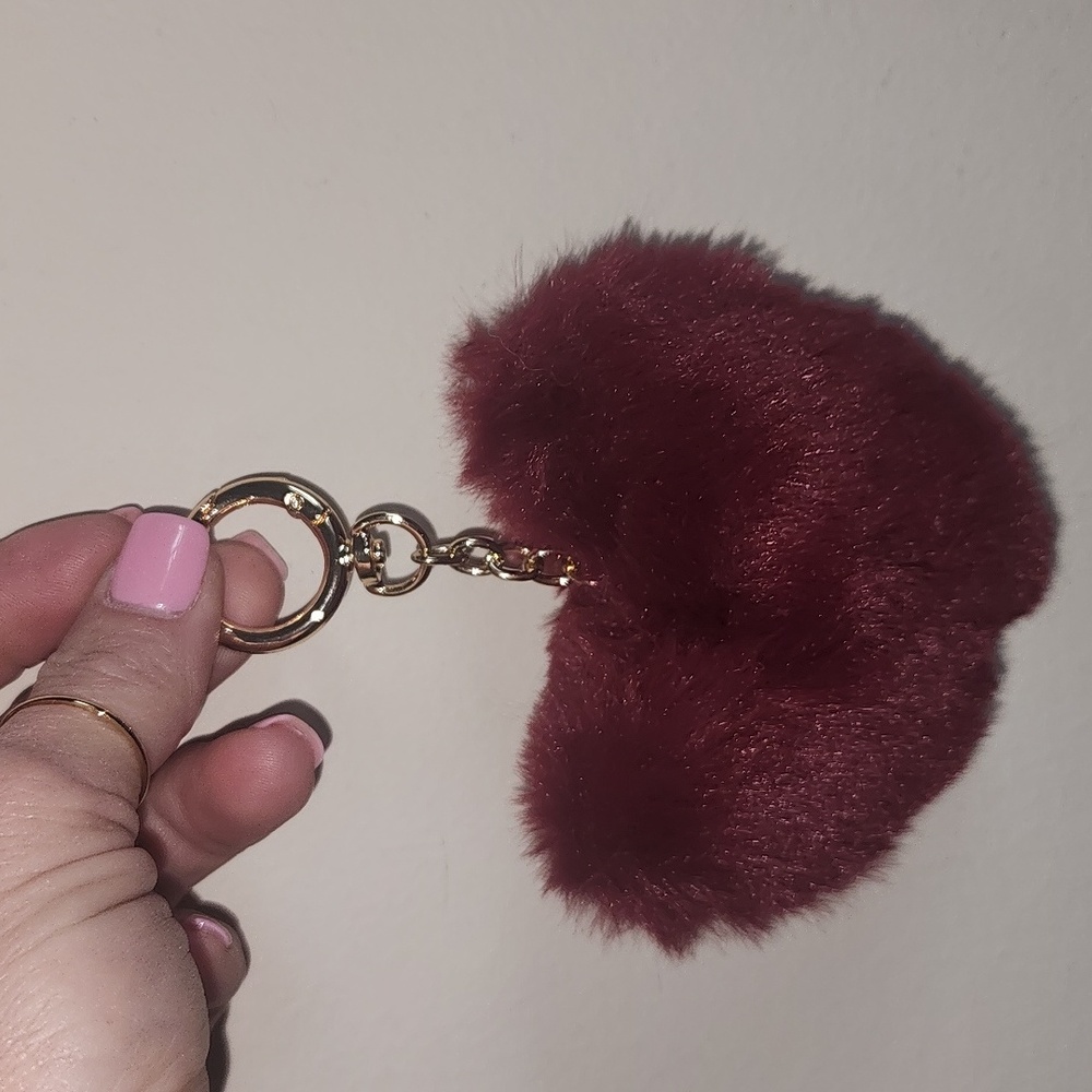 Fuzzy Deep Red Heart Gold Heart Hang Purse Bag Charms Ropes Key Chain - Picture 5 of 6